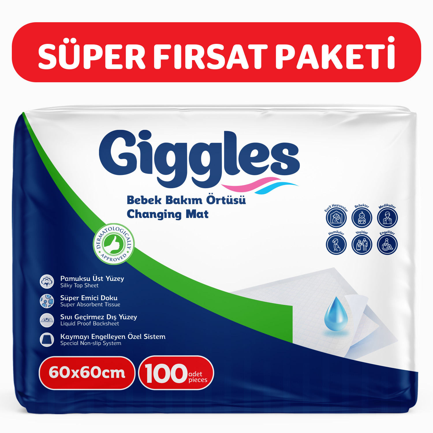 Giggles Bebek Bakım Örtüsü 60x60  Alt Açma Bezi 10 paket (100 adet)